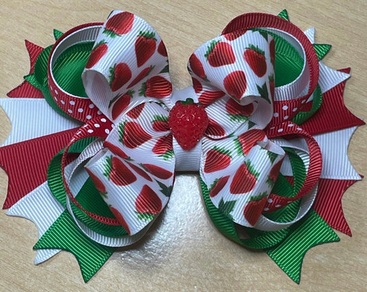 Strawberry Hair Bow with Small Center Strawberry